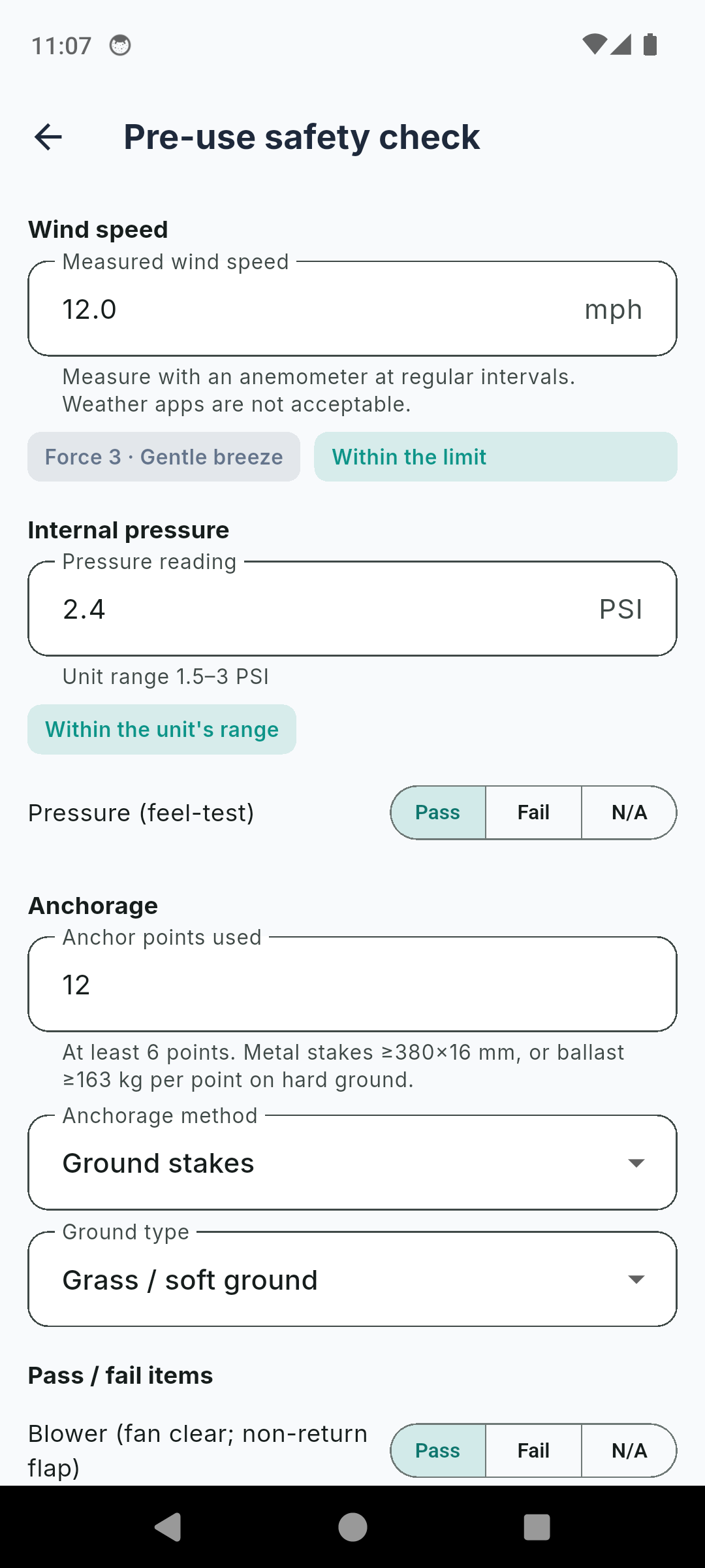 BounceLog pre-use safety check with wind speed, Beaufort, internal pressure and anchorage