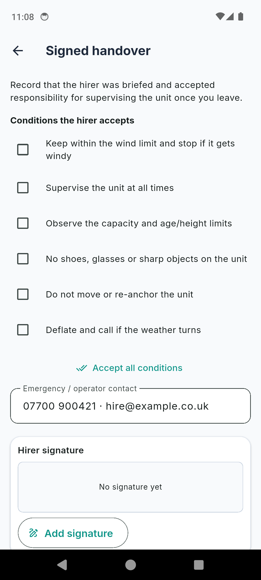 BounceLog signed handover screen with conditions the hirer accepts and an on-screen signature