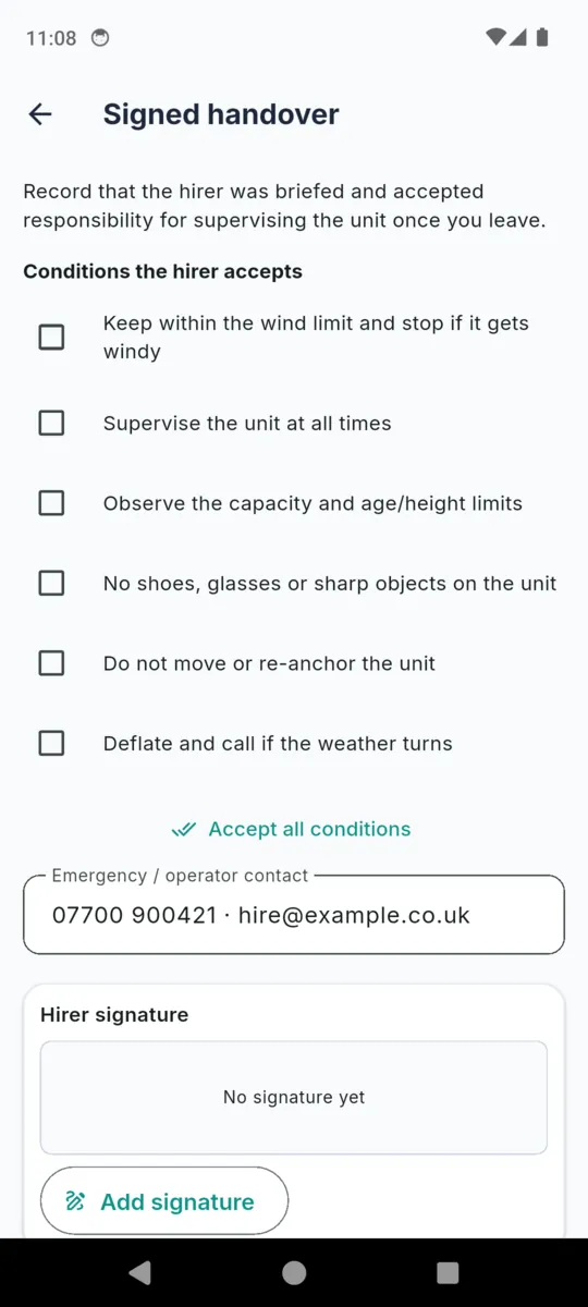 The Signed handover screen in BounceLog listing six conditions the hirer accepts, an Accept all conditions button, an emergency contact field, and a hirer signature pad