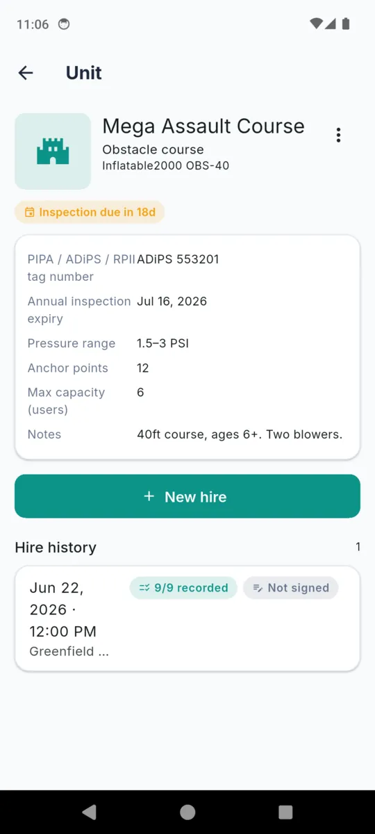 A unit record in BounceLog for an obstacle course: manufacturer and model, PIPA tag number, annual inspection expiry, pressure range 1.5 to 3 PSI, anchor points 12, max capacity 6, notes, and its hire history