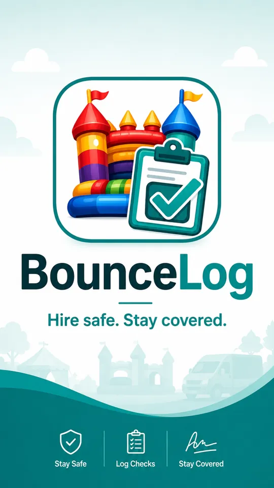 BounceLog launch screen: a bouncy castle and a clipboard above the wordmark, the line Hire safe. Stay covered., and three labels reading Stay Safe, Log Checks and Stay Covered