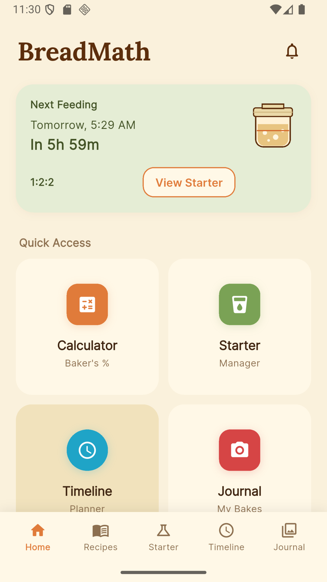 BreadMath home dashboard with starter and quick calculator