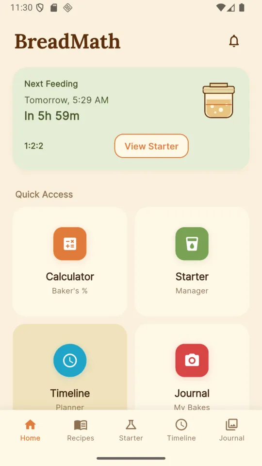 The BreadMath home screen with a Next Feeding card reading Tomorrow, 5:29 AM, in 5h 59m, at a 1:2:2 ratio, above a Quick Access grid