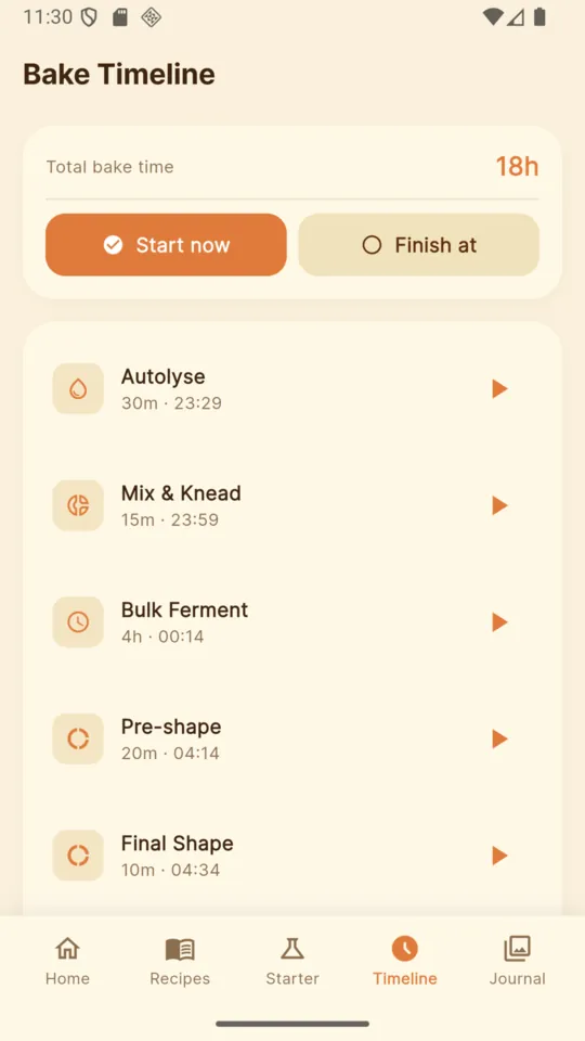 The BreadMath bake timeline, an 18 hour total with Start now and Finish at modes and each step timed