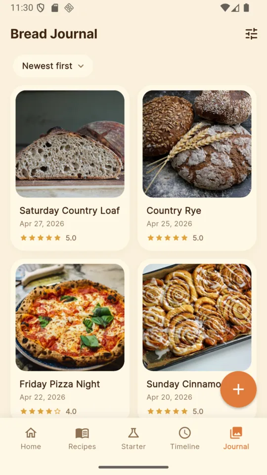 The BreadMath bread journal, a photo card per bake with its date and star rating