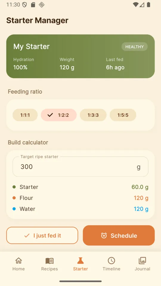 The BreadMath starter manager: hydration, weight and last-fed on a green card, the four ratio chips with 1:2:2 selected, and a build calculator showing 60 g starter, 120 g flour and 120 g water for a 300 g target
