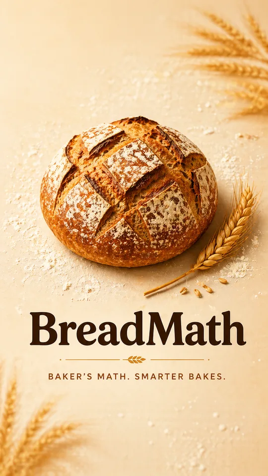 BreadMath launch screen: a scored sourdough loaf with the wordmark and the line Baker's math, smarter bakes