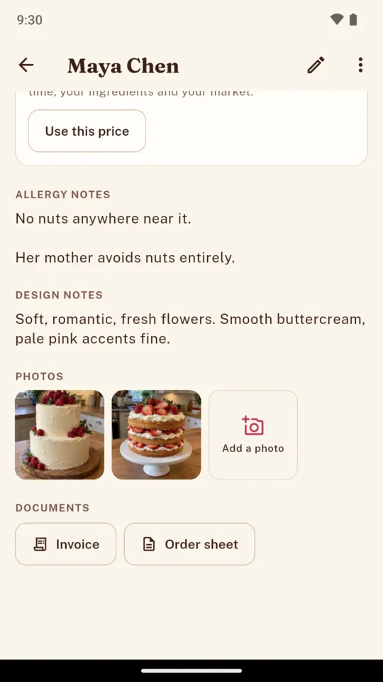 Maya Chen's order with the allergy note No nuts anywhere near it, her mother avoids nuts entirely, design notes about soft romantic fresh flowers, two reference photos and the Invoice and Order sheet buttons