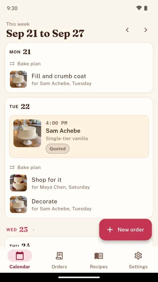 The bake plan for the week of 21 September: Monday's fill and crumb coat for Sam Achebe, Tuesday's pickup for Sam at 4pm and a shop for Maya Chen, each step with a photo of the cake it belongs to