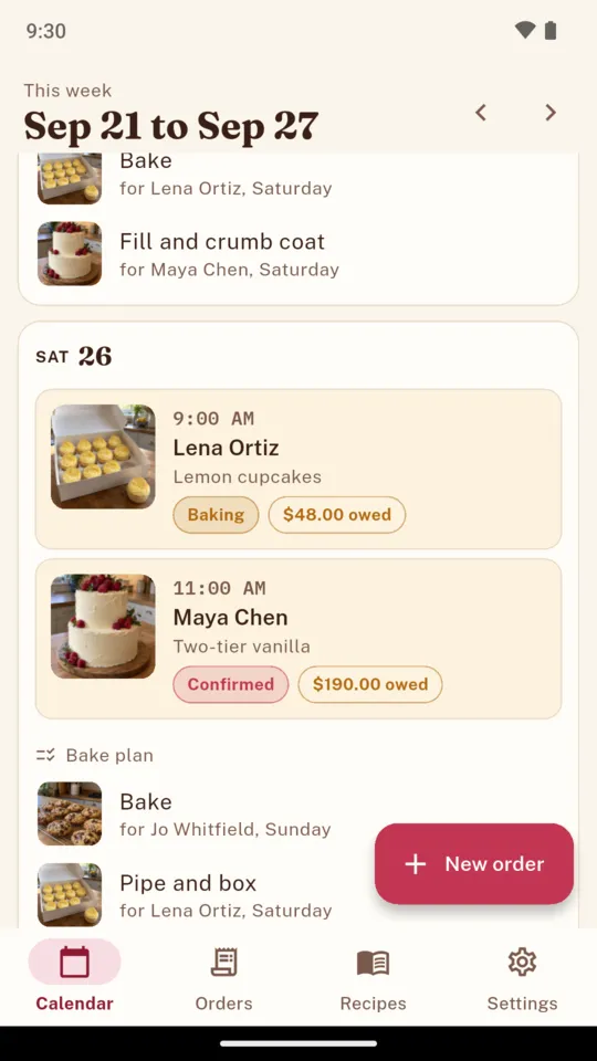 The CakeDesk week of 21 to 27 September: Saturday holds two pickups, Lena Ortiz's lemon cupcakes at 9am marked Baking with $48 owed and Maya Chen's two-tier vanilla at 11am marked Confirmed with $190 owed, with the bake plan steps for each on the days before