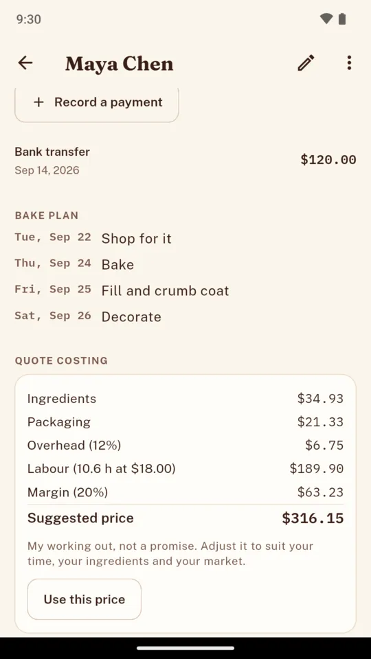 Maya Chen's quote costing: ingredients $34.93, packaging $21.33, overhead 12% $6.75, labour 10.6 hours at $18 $189.90, margin 20% $63.23, suggested price $316.15, with a Use this price button