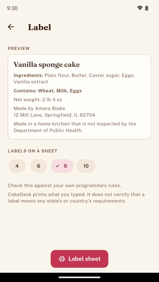 A label preview for a vanilla sponge cake listing plain flour, butter, caster sugar, eggs and vanilla extract, Contains Wheat, Milk, Eggs, a net weight of 2 lb 4 oz, the baker's name and address and a home-kitchen statement, with a choice of 4, 6, 8 or 10 labels a sheet