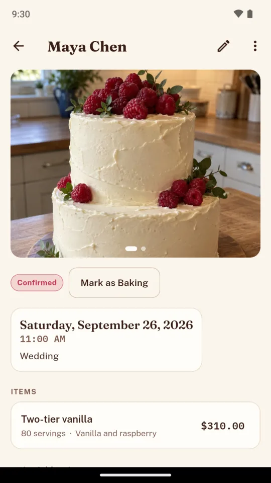 Maya Chen's order: a photo of a raspberry-topped two-tier cake, Saturday 26 September at 11am, a wedding, two-tier vanilla for 80 servings at $310, marked Confirmed