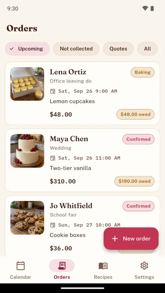 The Orders list filtered to Upcoming: Lena Ortiz's cupcakes Baking with $48 owed, Maya Chen's wedding cake Confirmed with $190 owed, Jo Whitfield's cookie boxes Confirmed at $36