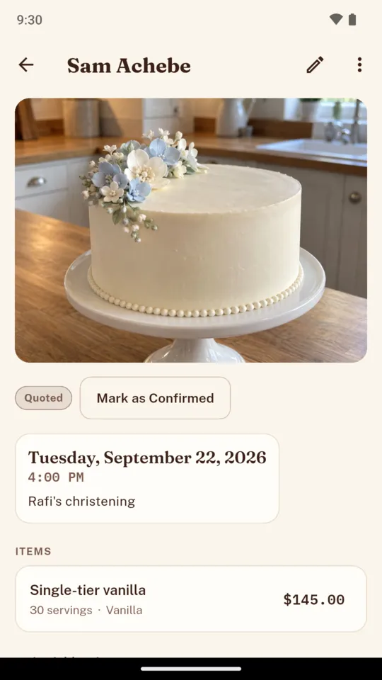 Sam Achebe's quote: a photo of a single-tier white cake with blue flowers, Tuesday 22 September at 4pm for Rafi's christening, a single-tier vanilla for 30 servings at $145, marked Quoted