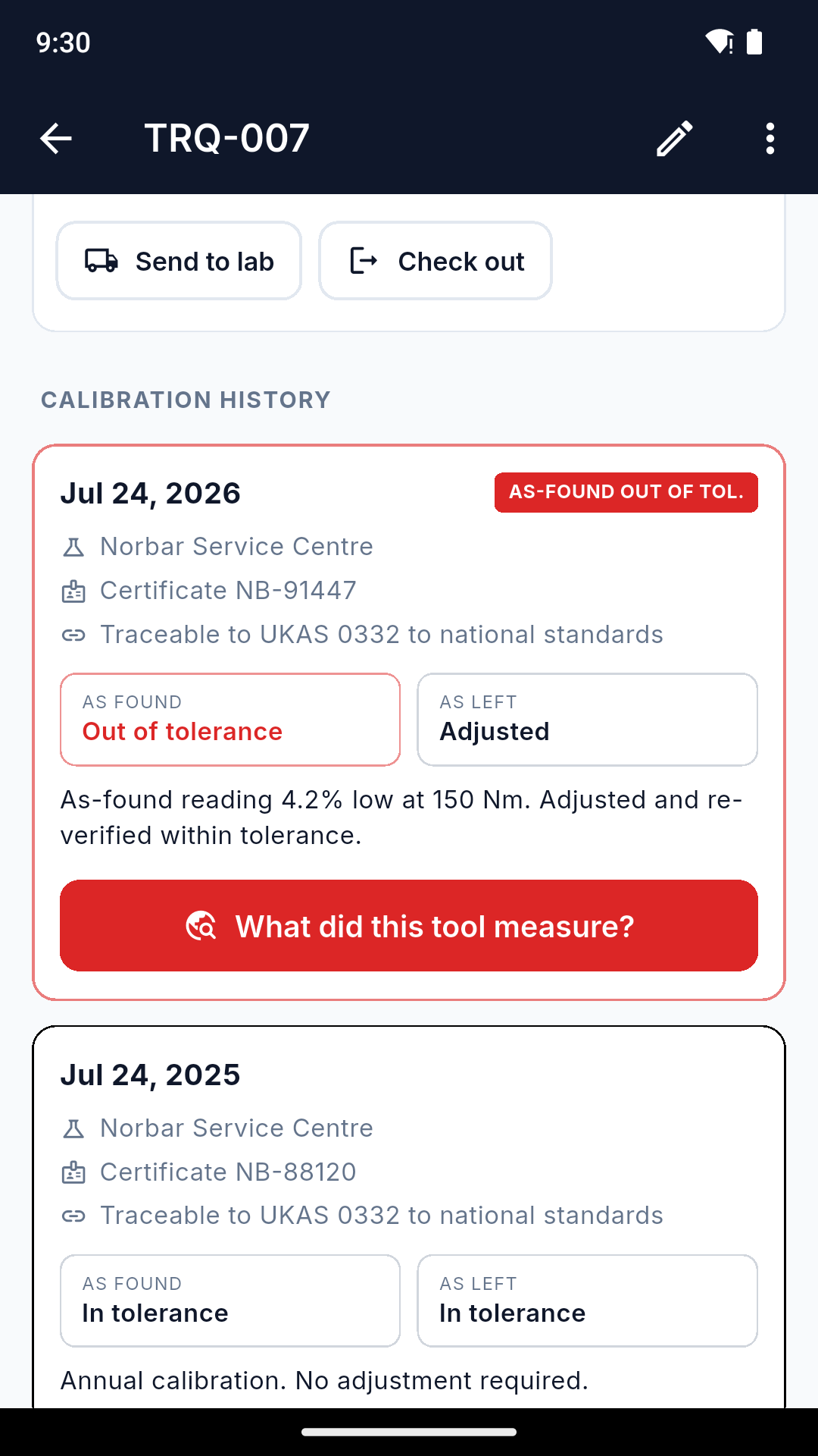 A torque wrench calibration history showing an as-found out of tolerance result and an adjusted as-left result
