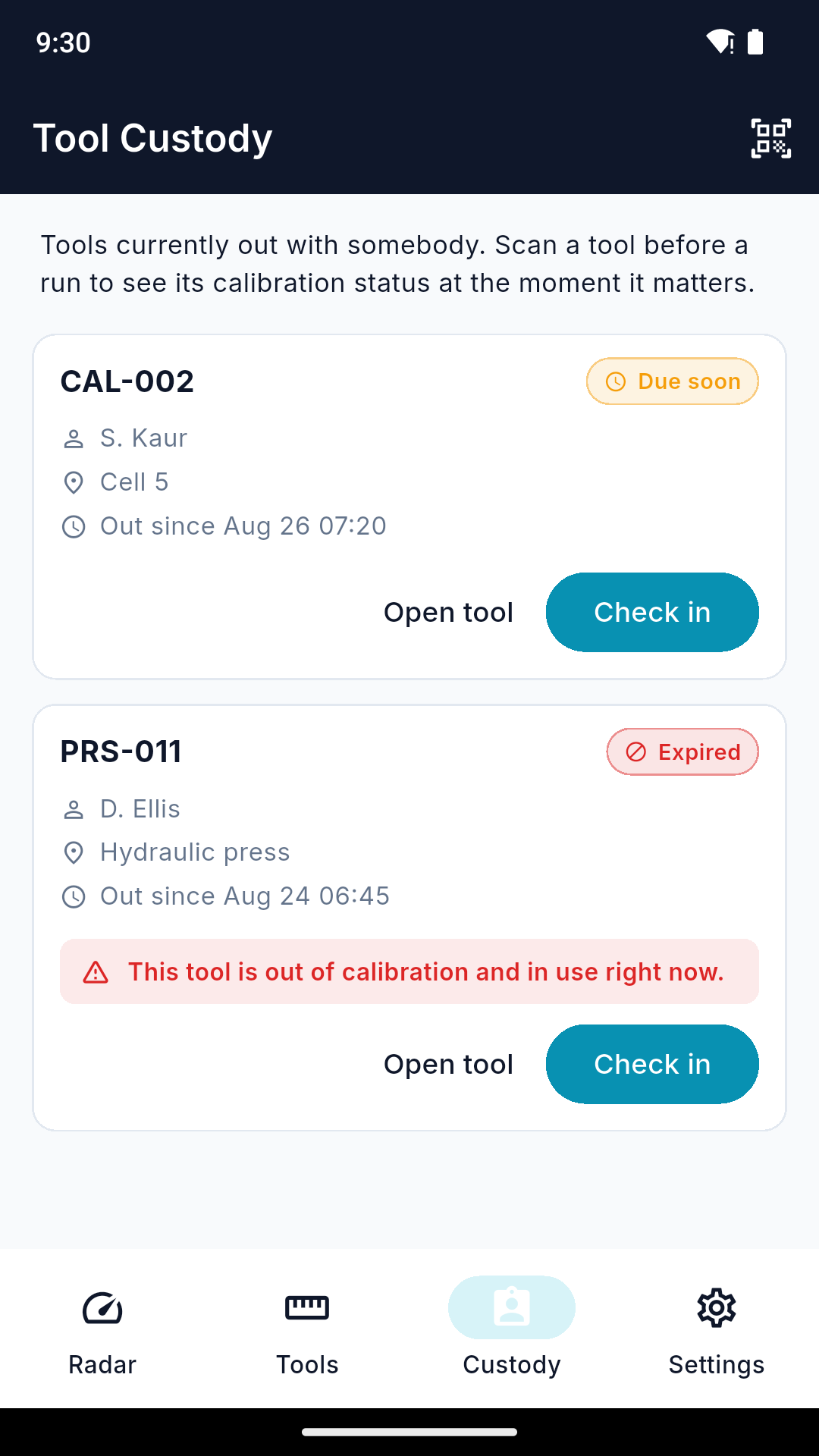 The custody screen showing two tools out with technicians, one flagged as out of calibration and in use