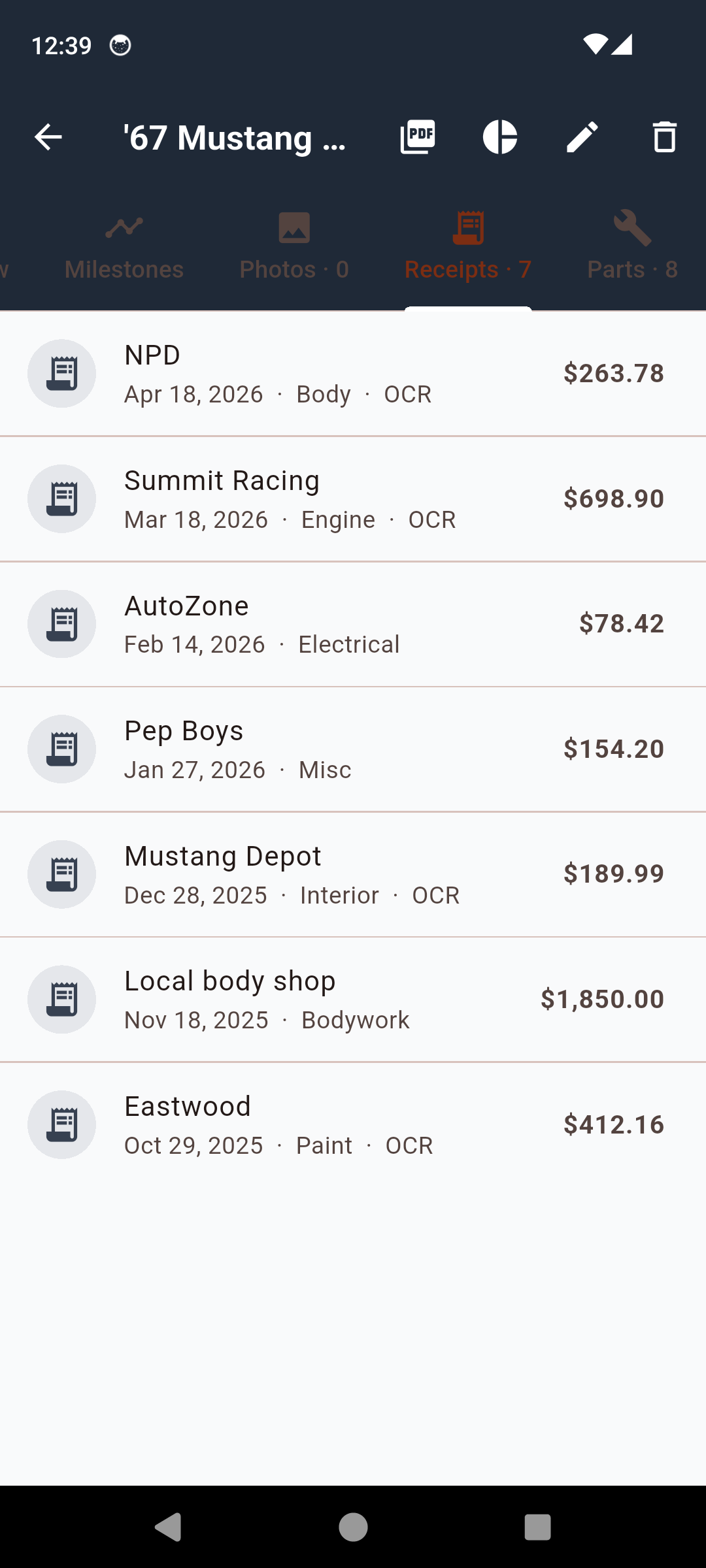 CarRestore receipt list with OCR-extracted totals