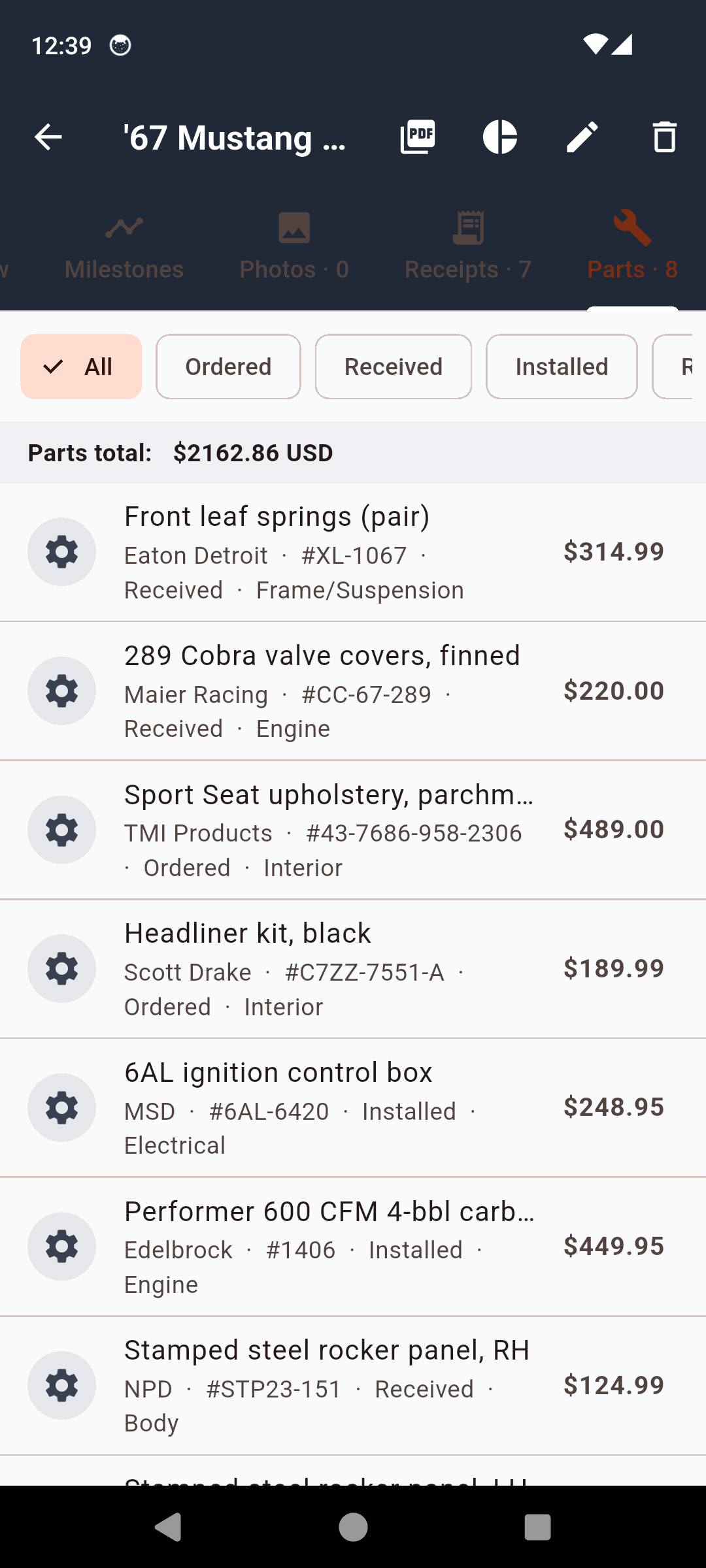 CarRestore parts catalog with statuses and prices