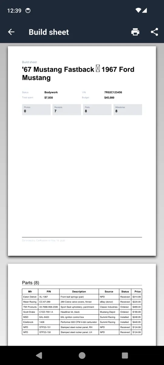 A CarRestore build sheet PDF preview with the car heading, the summary figures and the parts table beneath