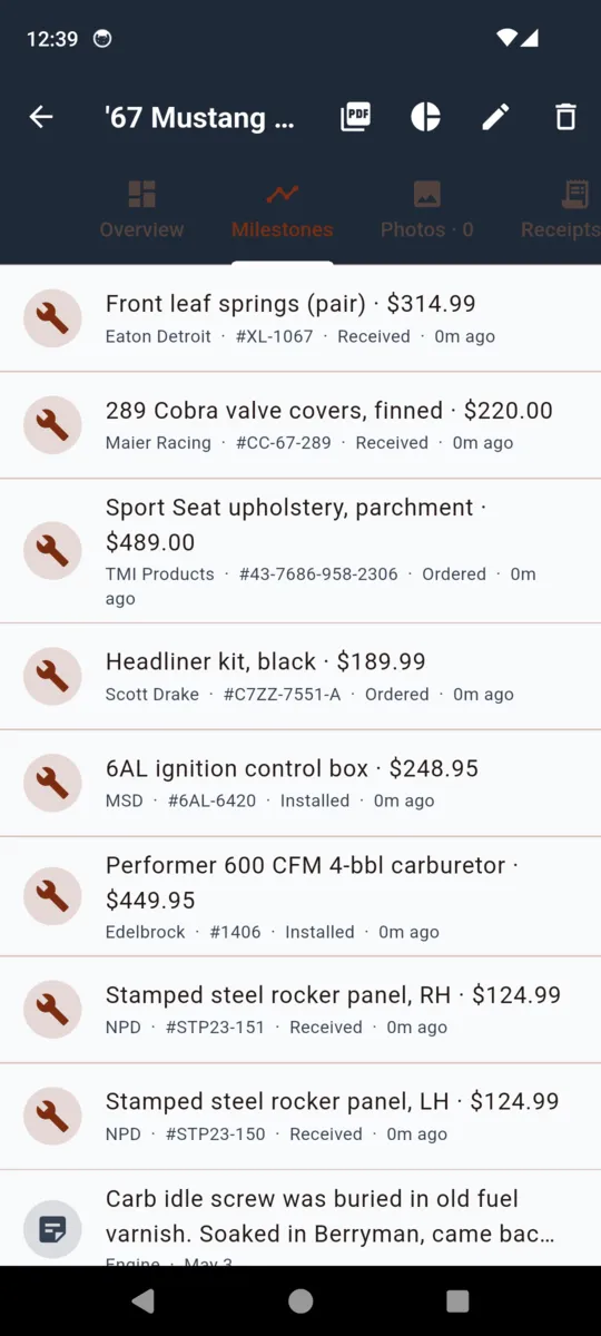 The CarRestore milestones timeline listing parts, receipts and notes in date order with vendors and prices