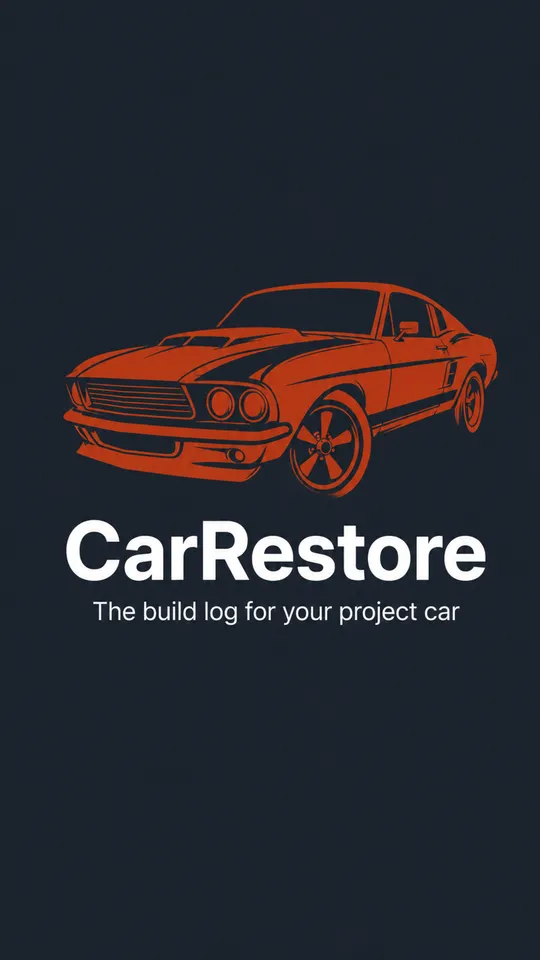 CarRestore launch screen: an orange fastback outline with the wordmark and the line The build log for your project car
