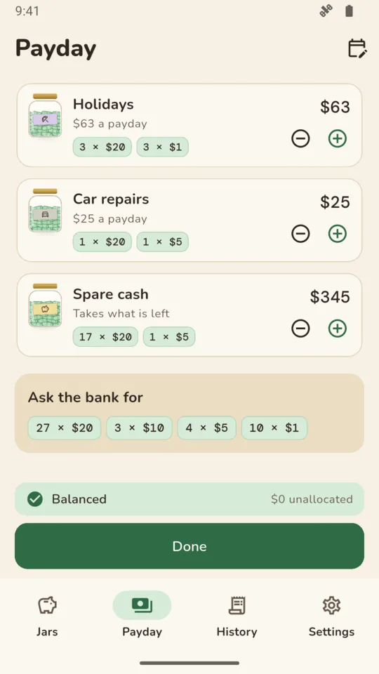 Bank-note list: the denominations needed for the whole withdrawal.