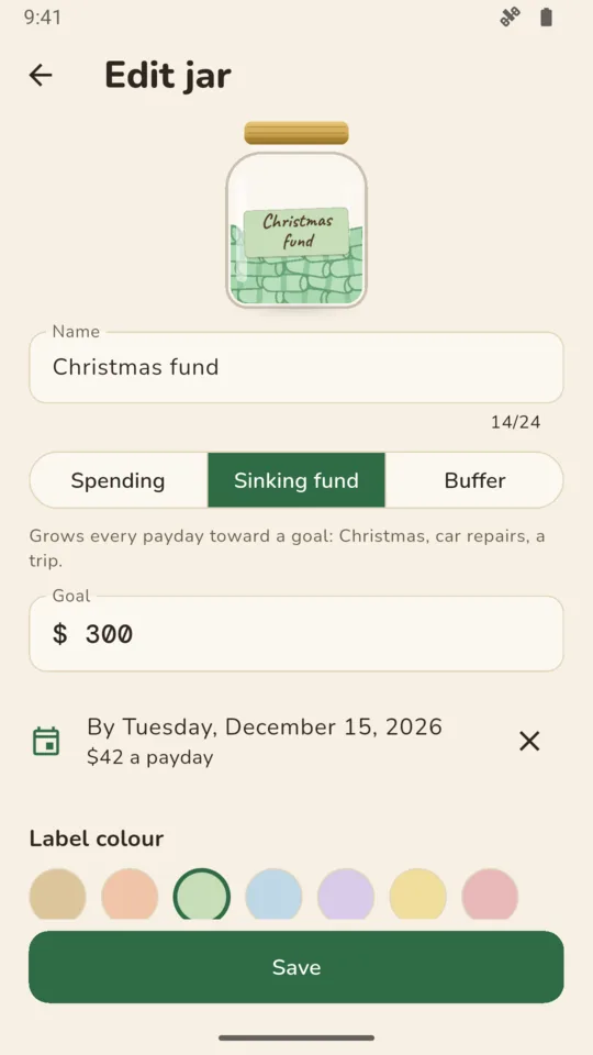 Edit a jar: spending, sinking fund or buffer, with a label colour and an icon.