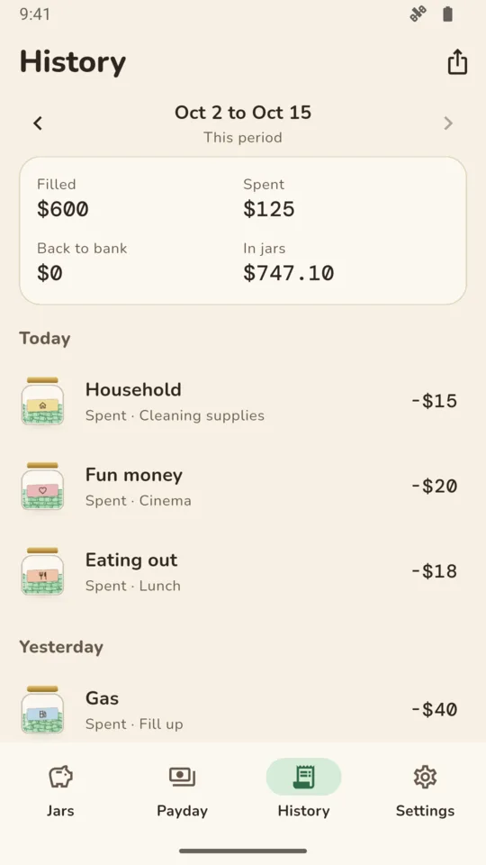 History: this pay period's spends and refills, day by day.
