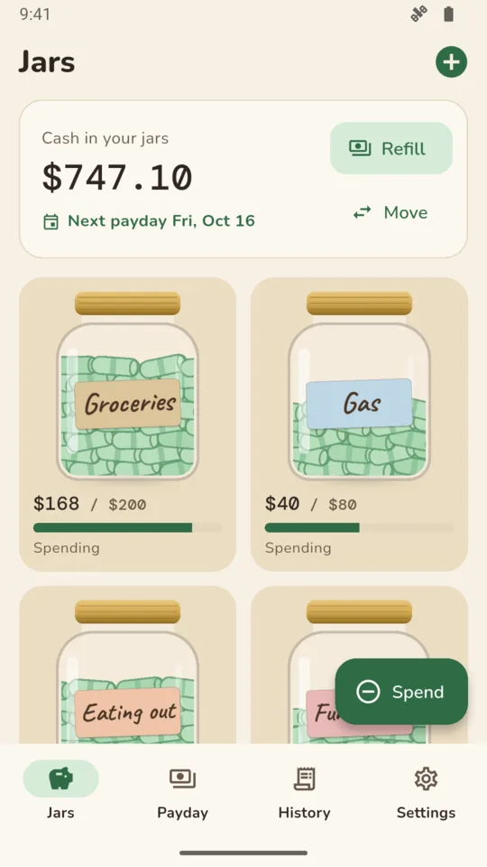 Jars: groceries, gas, eating out and fun money as glass jars, with the cash total and the next payday