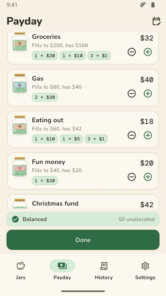 Notes per jar: the notes and coins for each envelope.