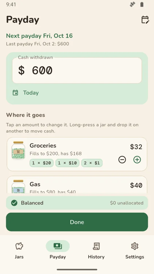 Payday: $600 assigned across the jars, with the full amount accounted for.