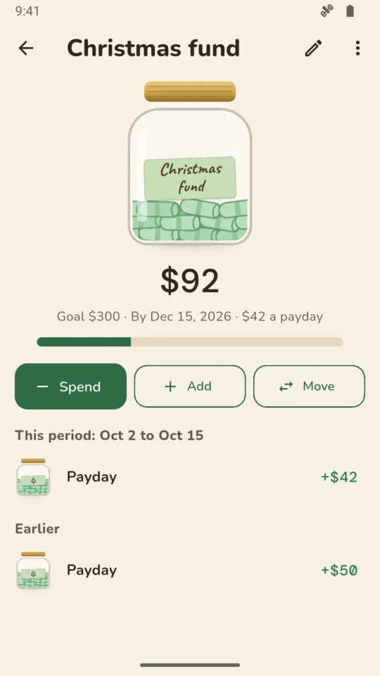 Sinking fund: a Christmas fund with its goal, date and share per payday.
