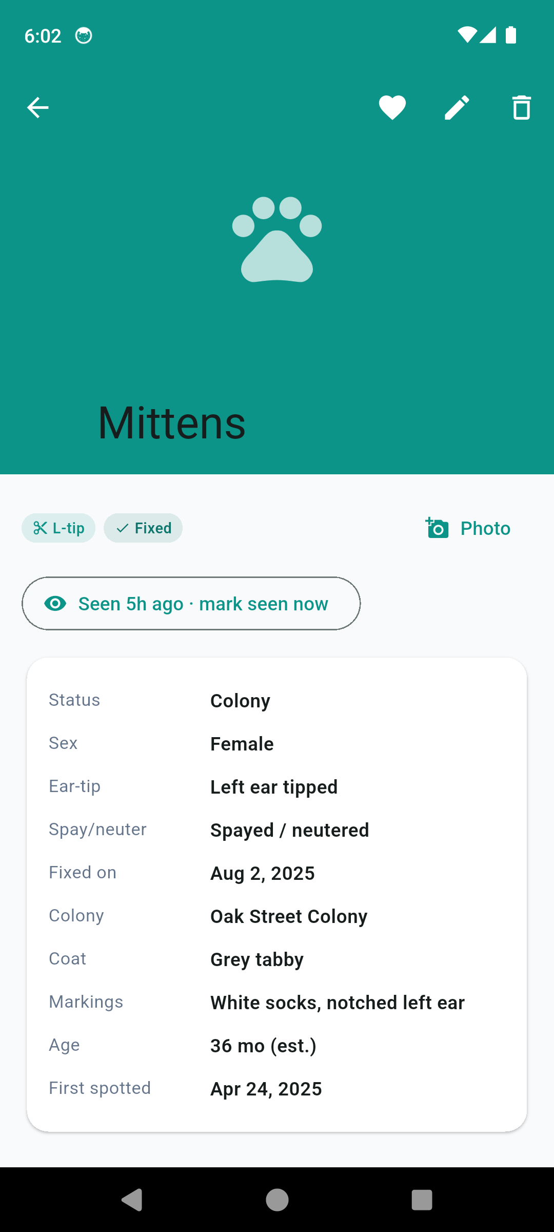 CatColony cat detail for Mittens showing ear-tip, spay status, colony and markings
