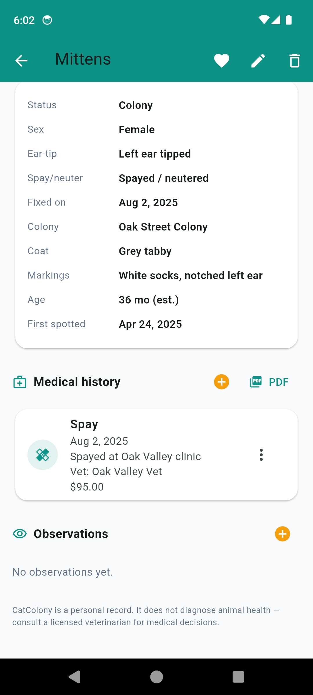 CatColony medical history timeline with a spay record, vet and cost, plus a PDF export button