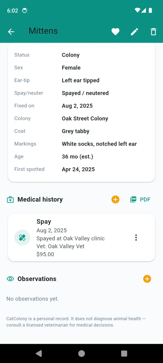 The medical history tab in CatColony showing a spay on August 2 2025 at Oak Valley clinic costing $95, a PDF export button, and the disclaimer that CatColony is a personal record and does not diagnose animal health