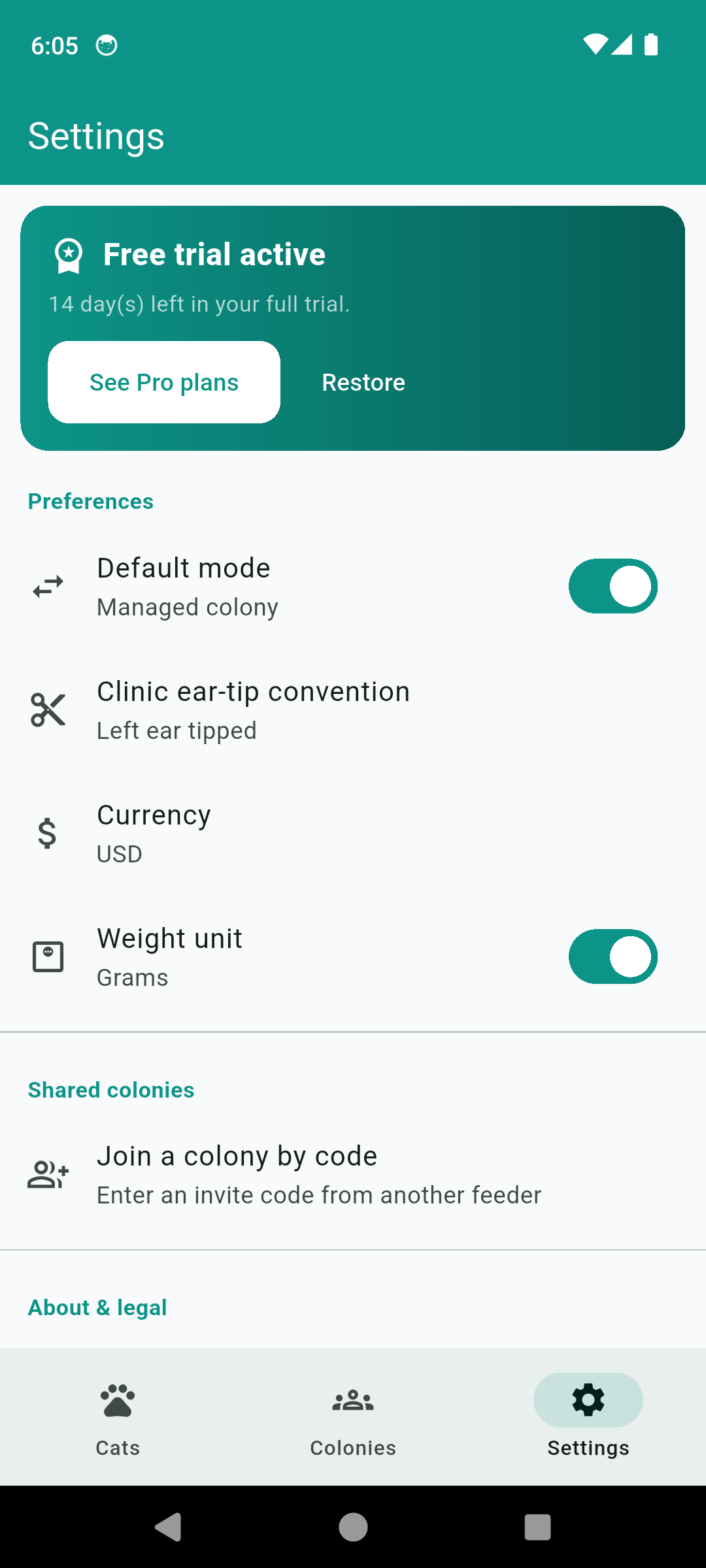 CatColony settings with clinic ear-tip convention, currency and join-a-colony-by-code