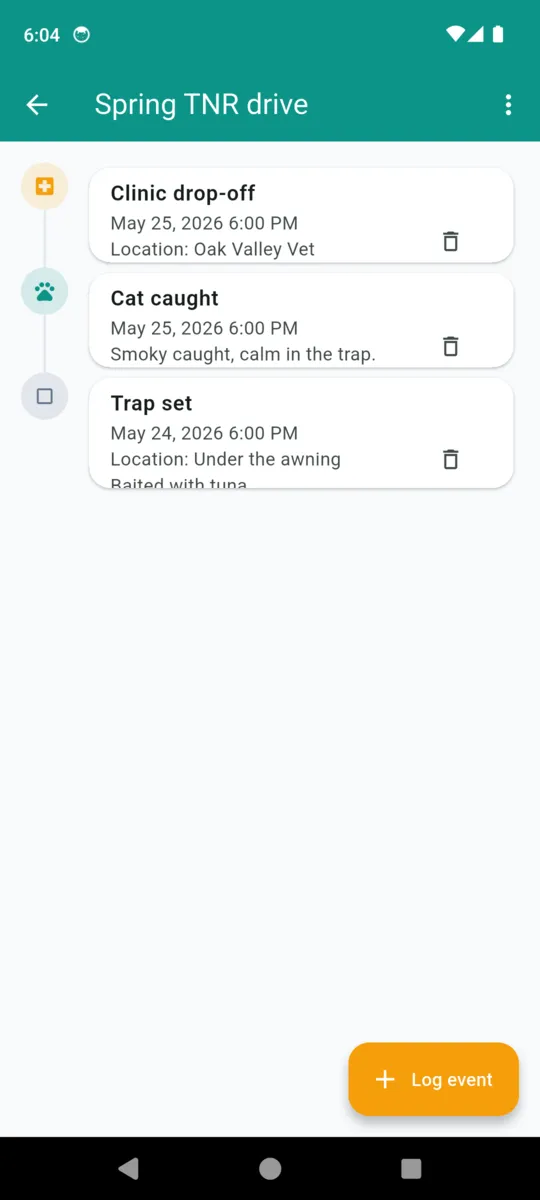 The Spring TNR drive campaign in CatColony listing a clinic drop-off at Oak Valley Vet, a cat caught noted as smoky caught calm in the trap, and a trap set under the awning, each with a date and time