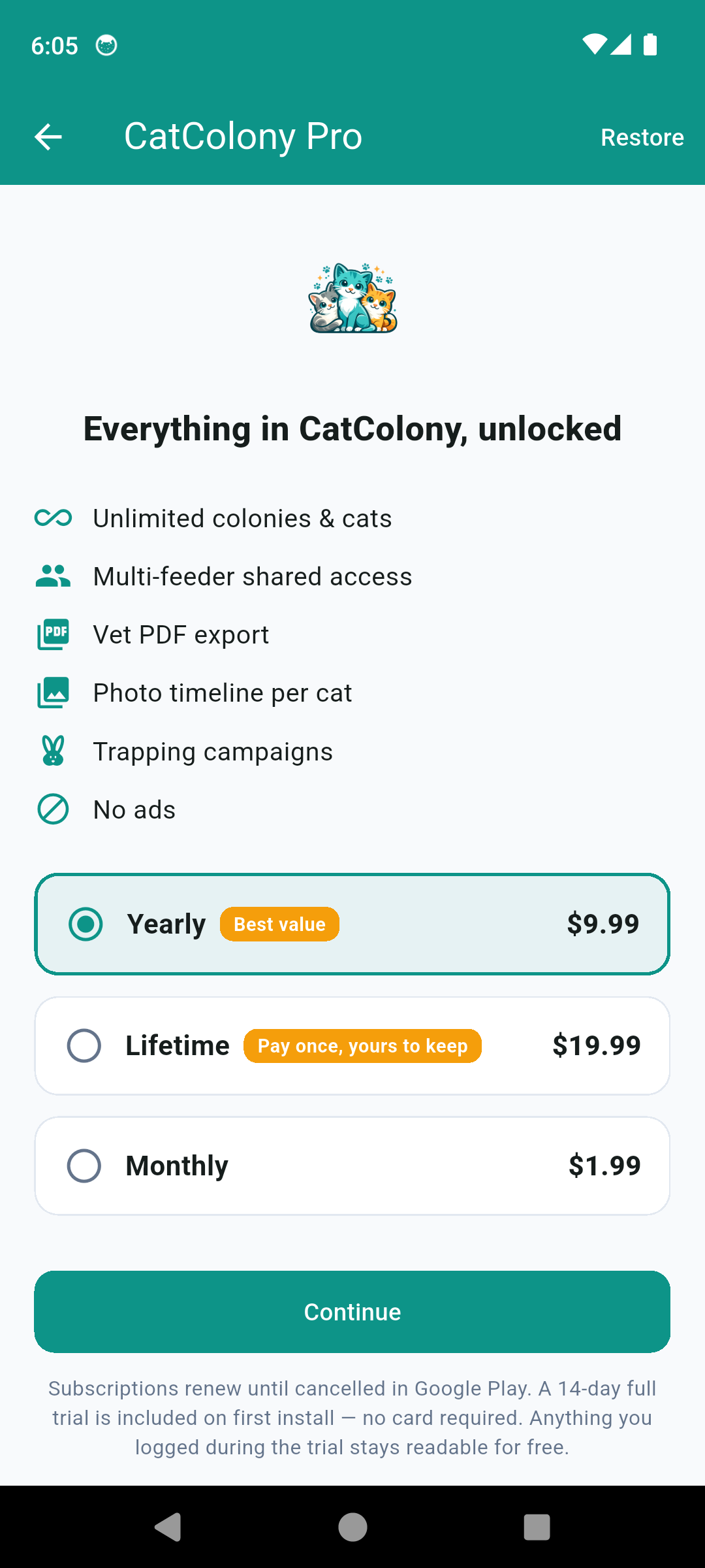 CatColony Pro plans with yearly, lifetime and monthly options