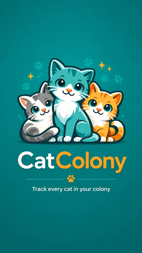 The CatColony launch screen: three cats on a deep teal field, the wordmark, and the line Track every cat in your colony