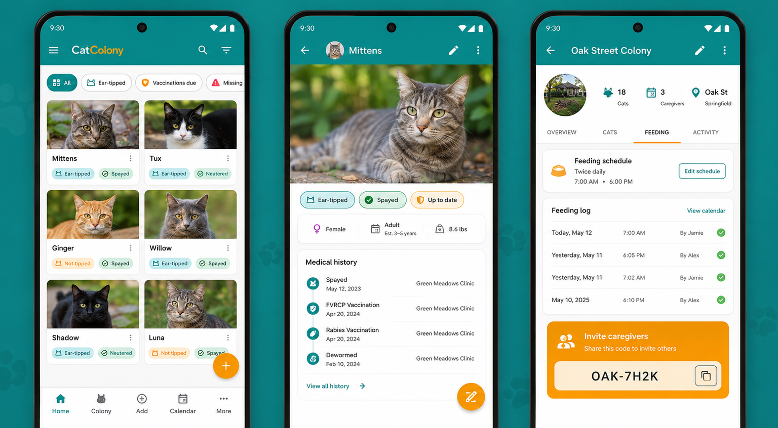 CatColony cat grid, cat detail with medical timeline, and colony detail with feeding log