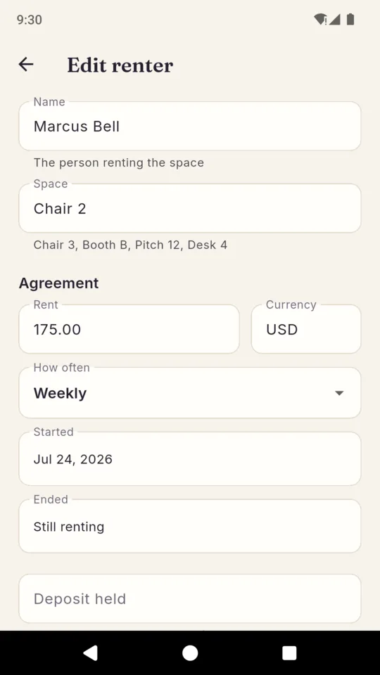 The ChairRent renter editor with name, space label, rent, currency, cadence, start date and deposit held