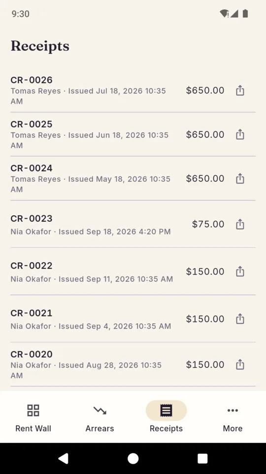 The ChairRent receipts list, numbered CR-0026 down to CR-0020, each with the renter, the date it was issued and the amount