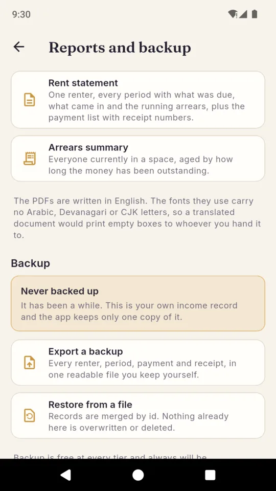 The ChairRent reports and backup screen offering a rent statement, an arrears summary, an export and a restore