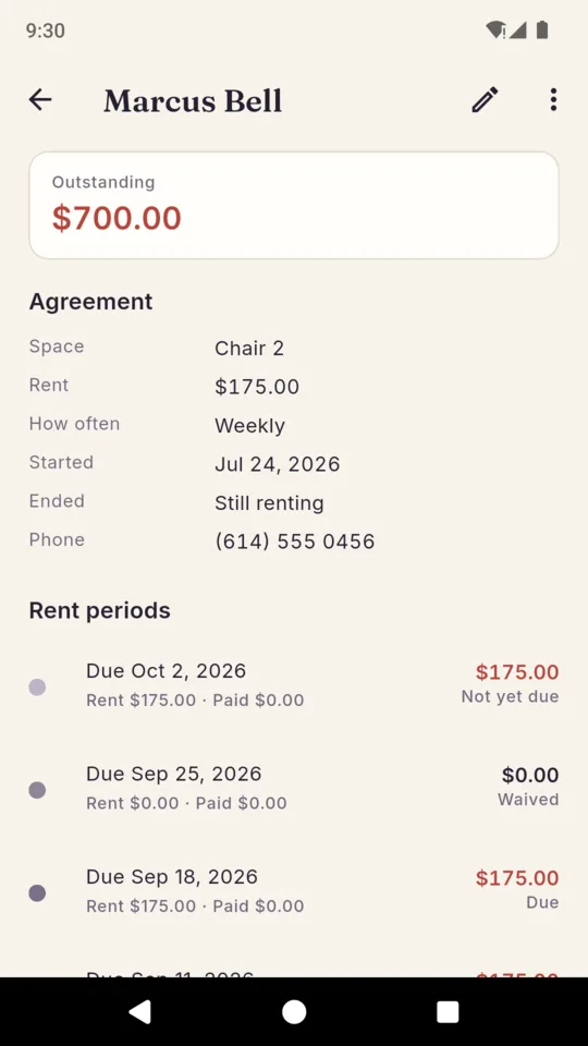 A ChairRent renter statement showing the agreement, then each rent period with what was due, what was paid and the running arrears
