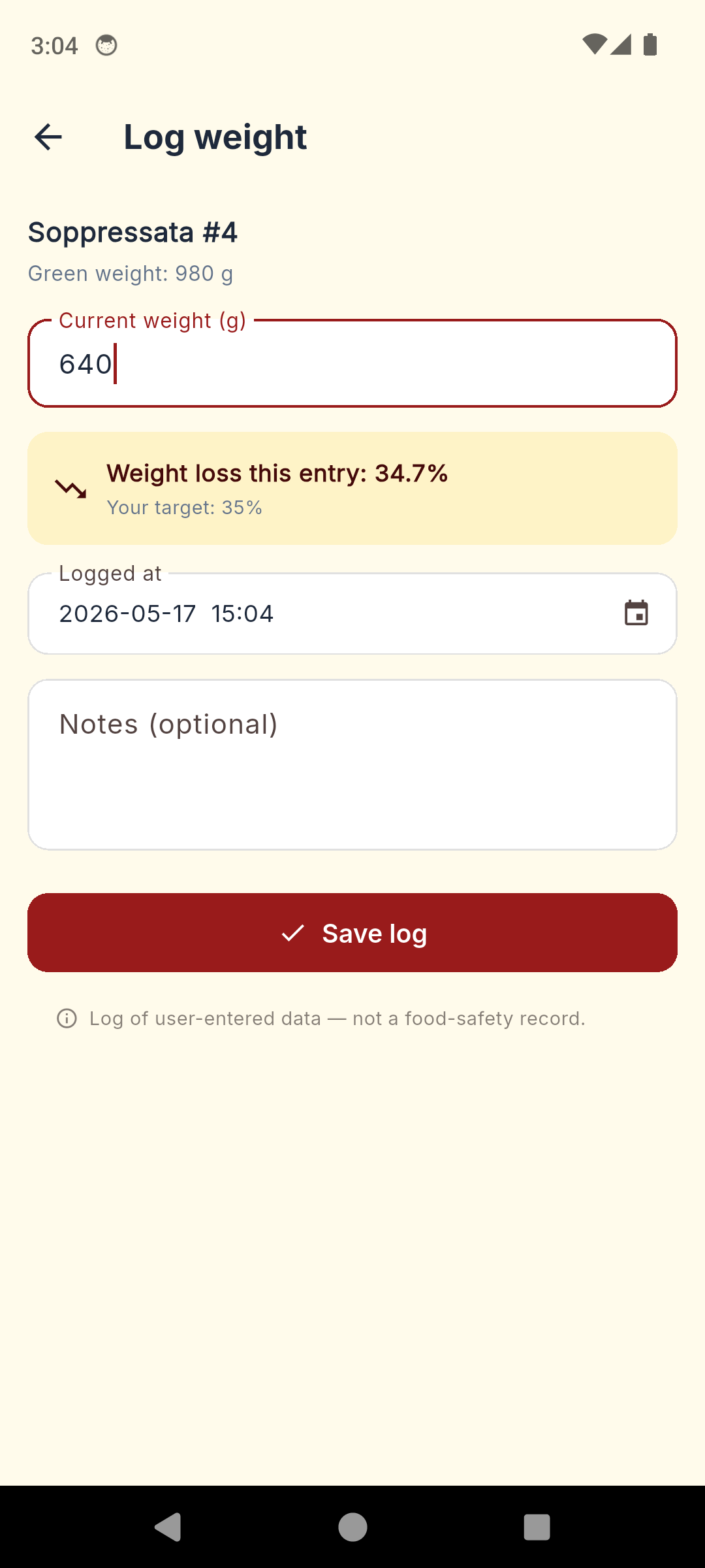 CharcuterieLog log weight screen with live loss percentage preview