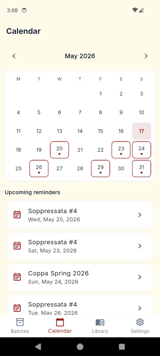 A month calendar with weigh-in days marked, and a list of upcoming reminders naming the batch and date