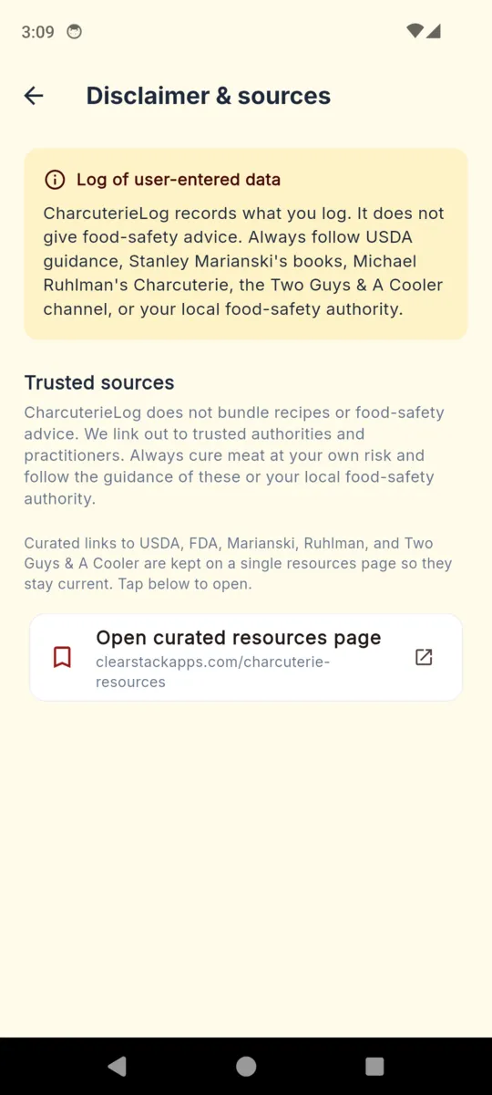 The CharcuterieLog disclaimer and sources screen, showing the log of user-entered data notice, the trusted sources note, and a link to the curated resources page