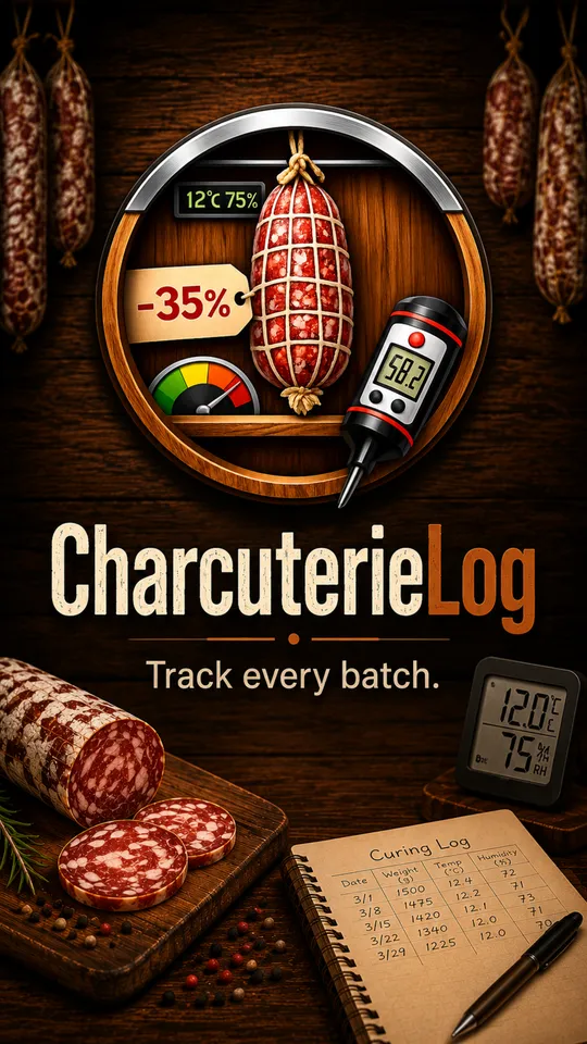 The CharcuterieLog launch screen: a hanging salami in a curing chamber with a hygrometer, the wordmark, and the line Track every batch