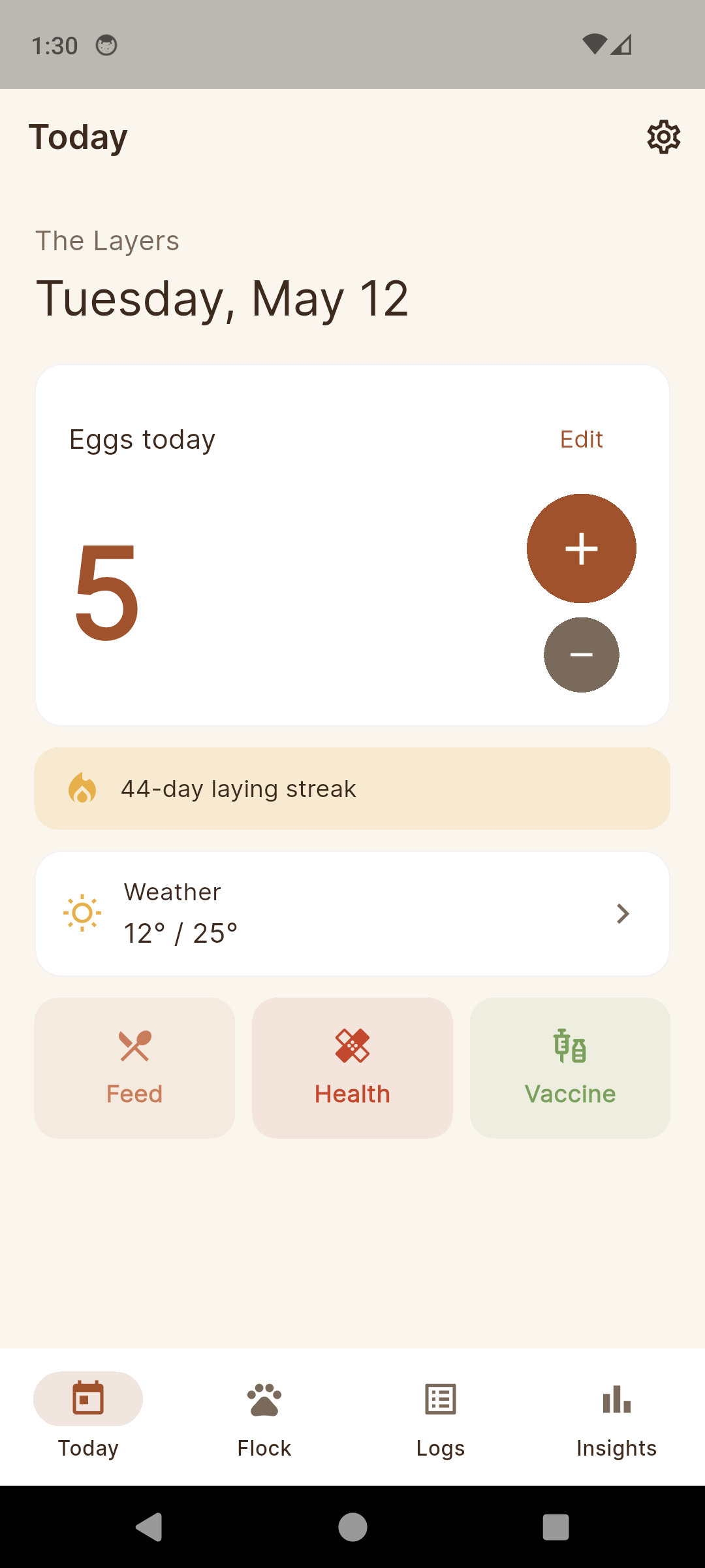 ChickKeep today screen with egg count and laying streak